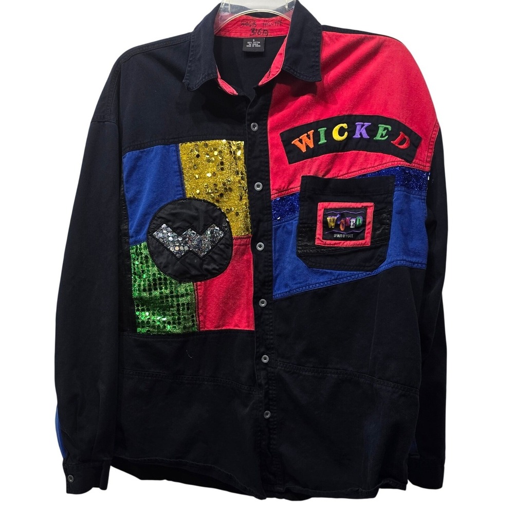 Vintage Wicked Spirits of Peace Patchwork Sequin Button Down Shirt Mens Size XL